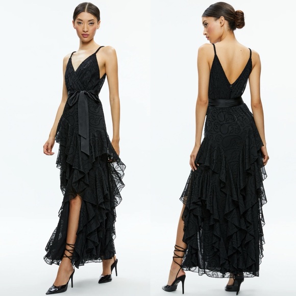 Alice + Olivia Emelia Silk V-neck Eyelet Ruffle Maxi Dress In Black - 6 - Picture 1 of 7